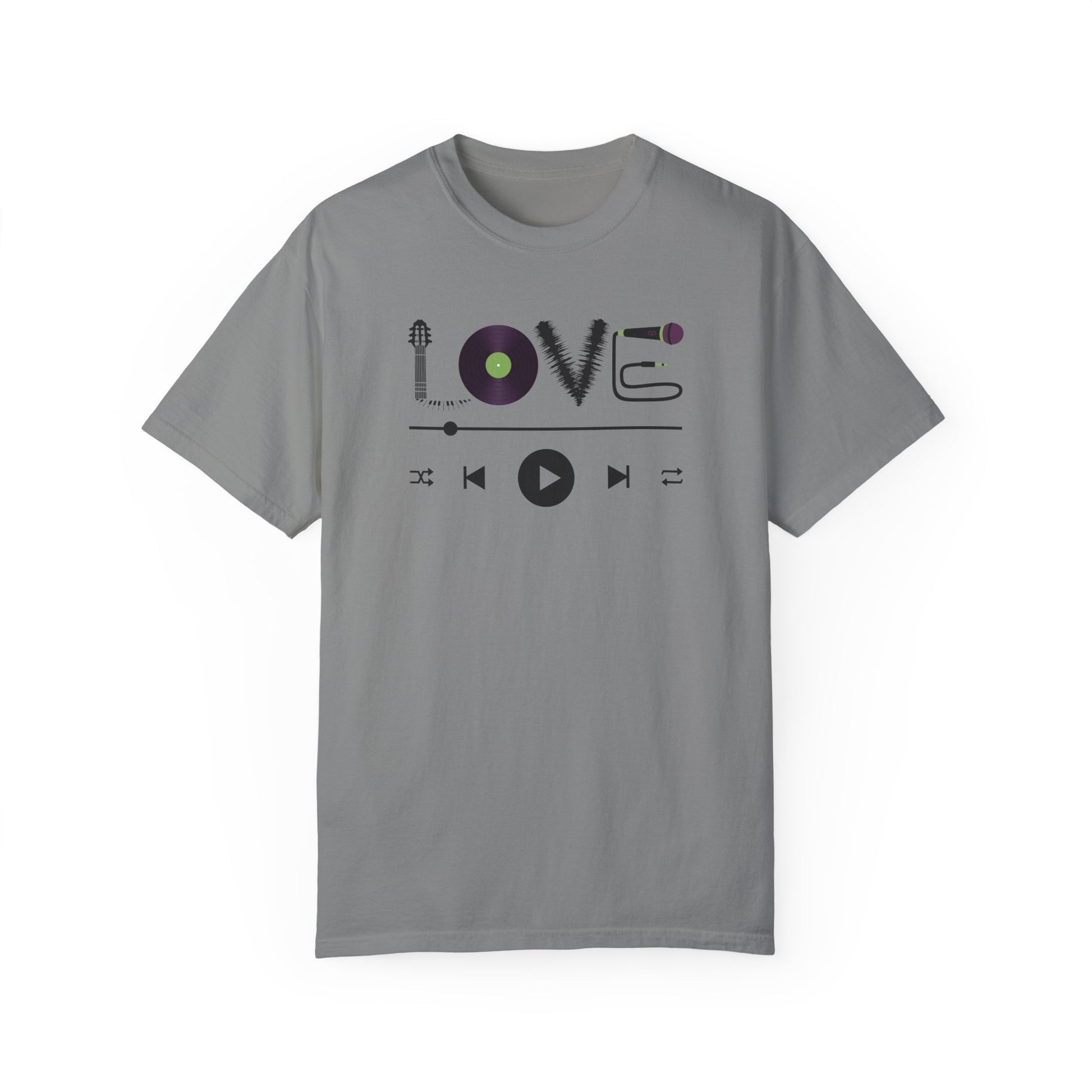 Music Lover T-Shirt | Creative "LOVE" Design for Musicians in Soft Garment-Dyed Cotton - Joyful Moments Market