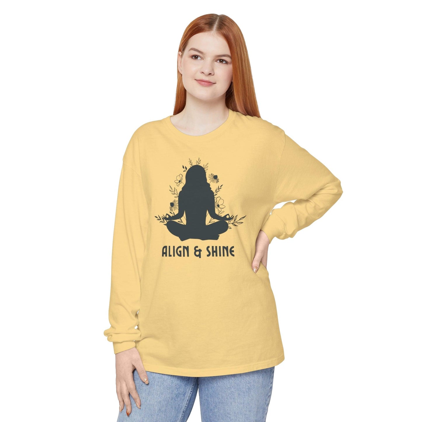 Comfort Colors Yoga Long Sleeve T-Shirt | Garment-Dyed Cotton with Floral Mindfulness Design - Joyful Moments Market