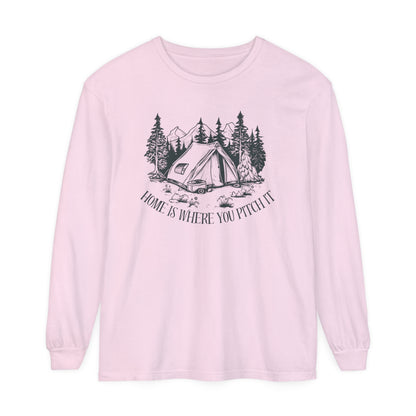 Comfort Colors Long Sleeve T-Shirt | Garment-Dyed Cotton with "Home is Where You Pitch It" Camping Graphic - Joyful Moments Market