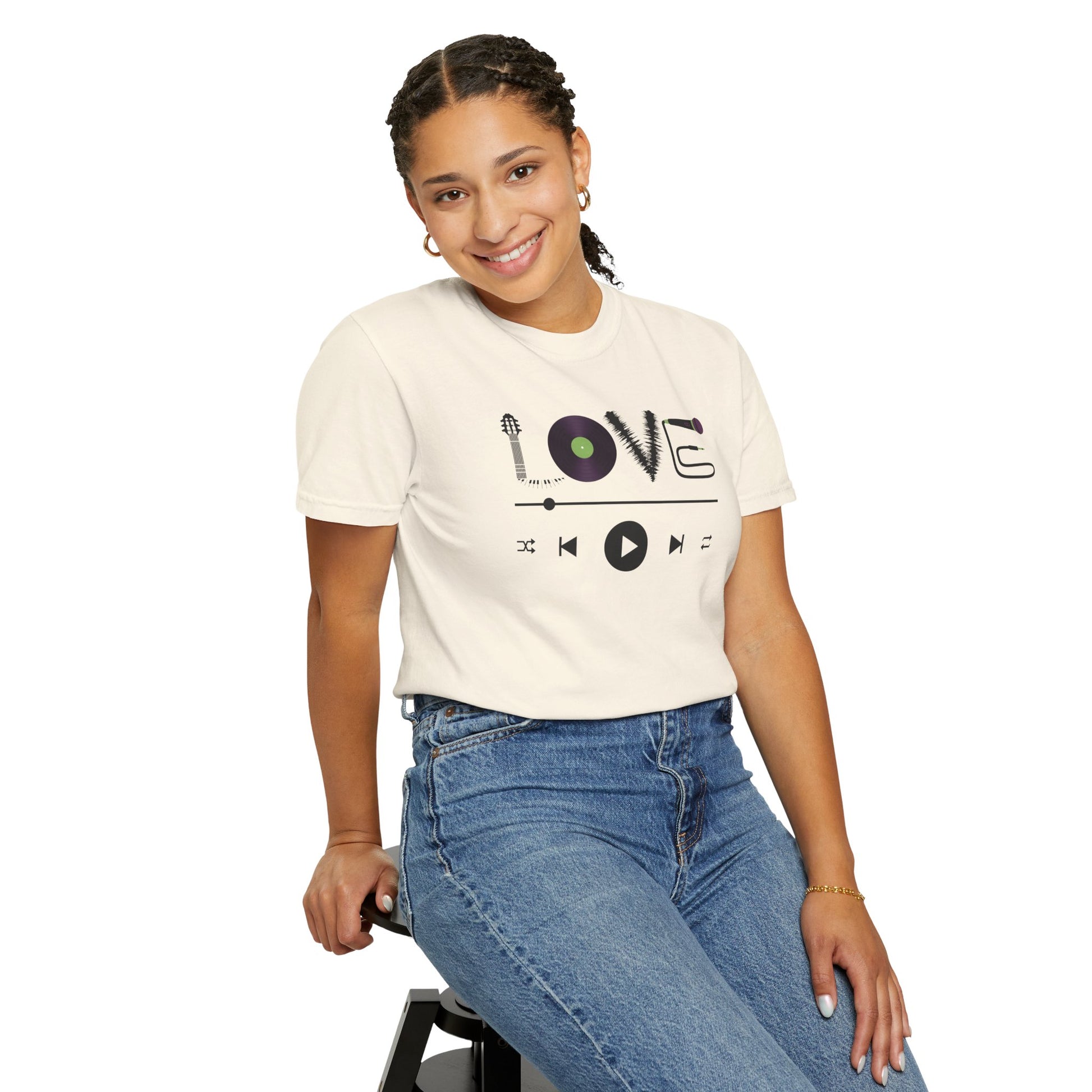 Music Lover T-Shirt | Creative "LOVE" Design for Musicians in Soft Garment-Dyed Cotton - Joyful Moments Market