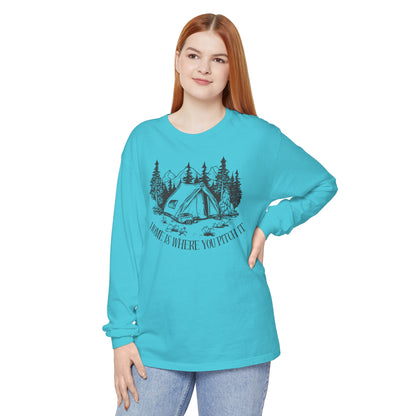 Comfort Colors Long Sleeve T-Shirt | Garment-Dyed Cotton with "Home is Where You Pitch It" Camping Graphic - Joyful Moments Market