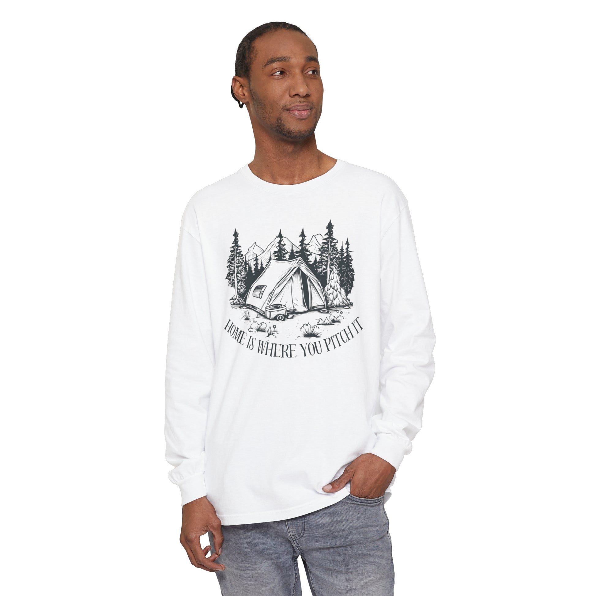 Comfort Colors Long Sleeve T-Shirt | Garment-Dyed Cotton with "Home is Where You Pitch It" Camping Graphic - Joyful Moments Market