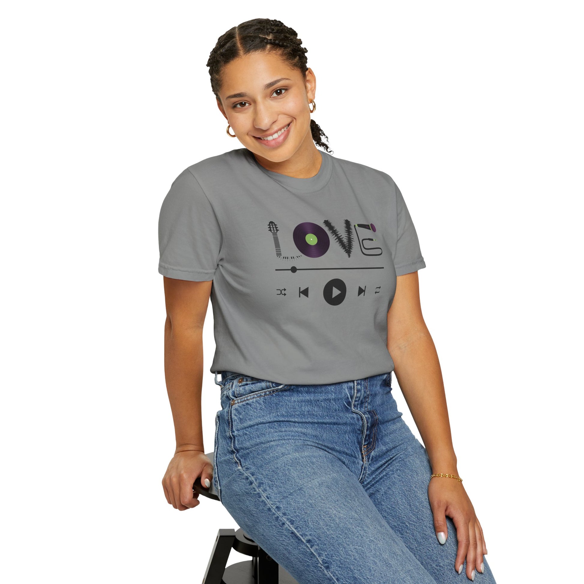 Music Lover T-Shirt | Creative "LOVE" Design for Musicians in Soft Garment-Dyed Cotton - Joyful Moments Market