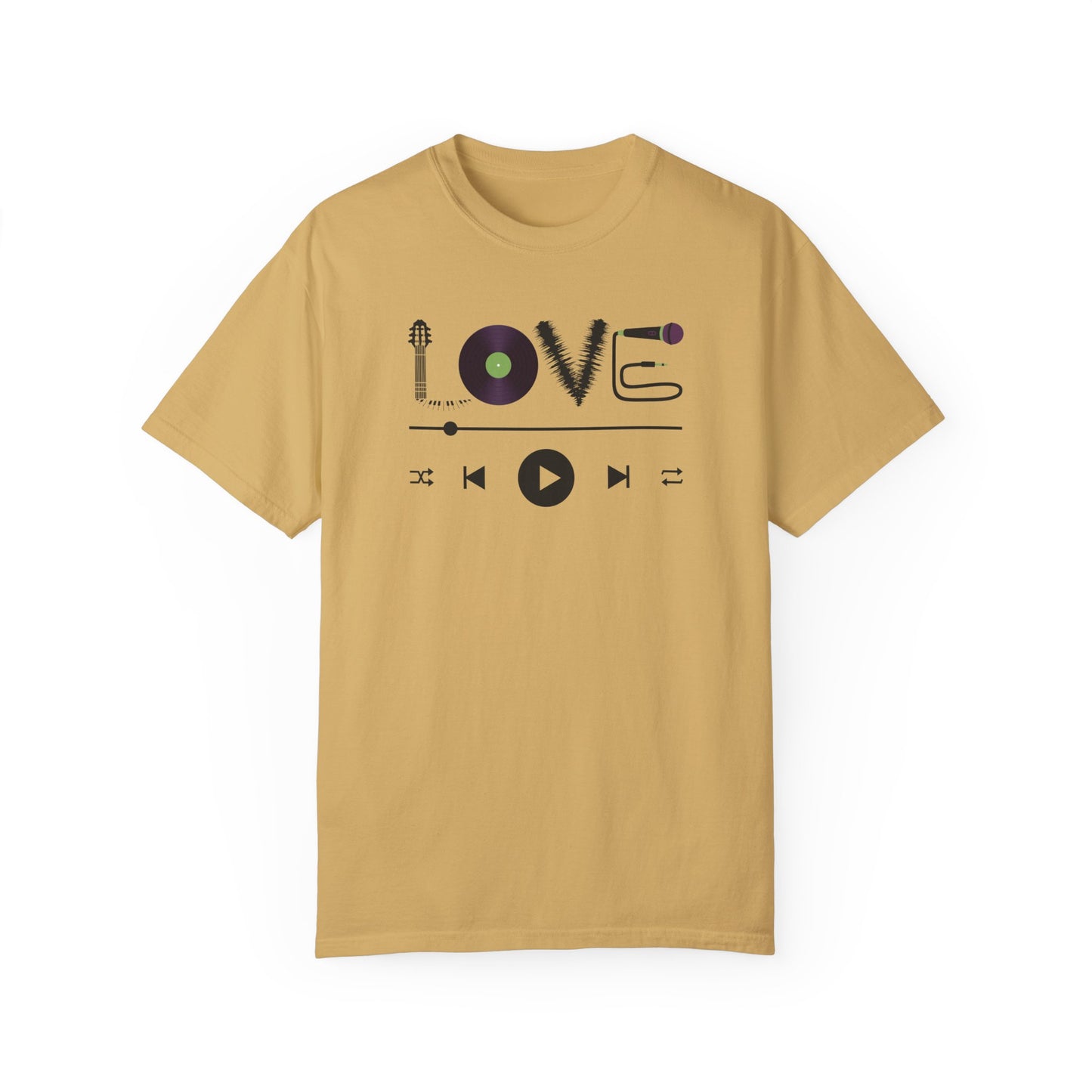 Music Lover T-Shirt | Creative "LOVE" Design for Musicians in Soft Garment-Dyed Cotton - Joyful Moments Market