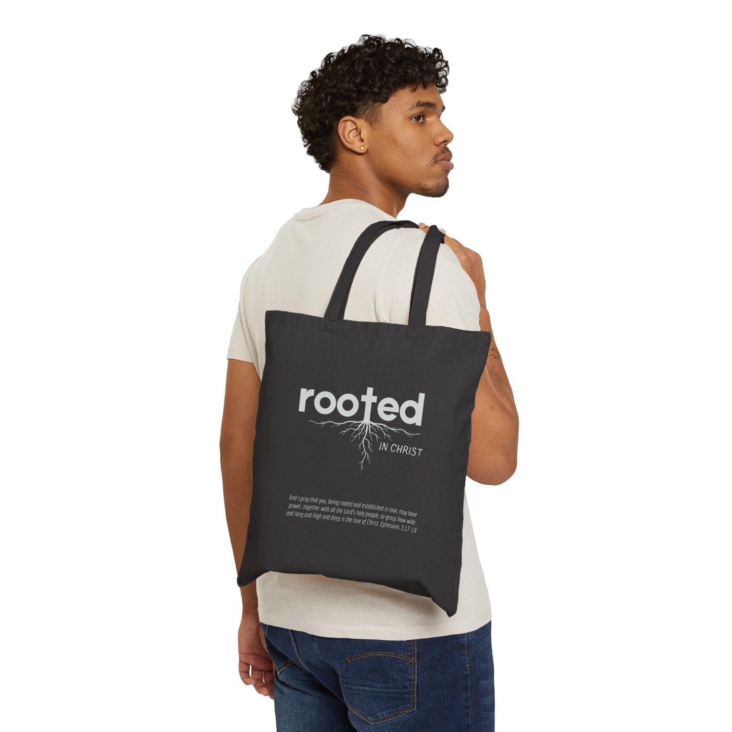 Rooted in Christ Cotton Canvas Tote Bag, Natural and Black Colors Available, Perfect Gift for Christian Men and Women - Joyful Moments Market