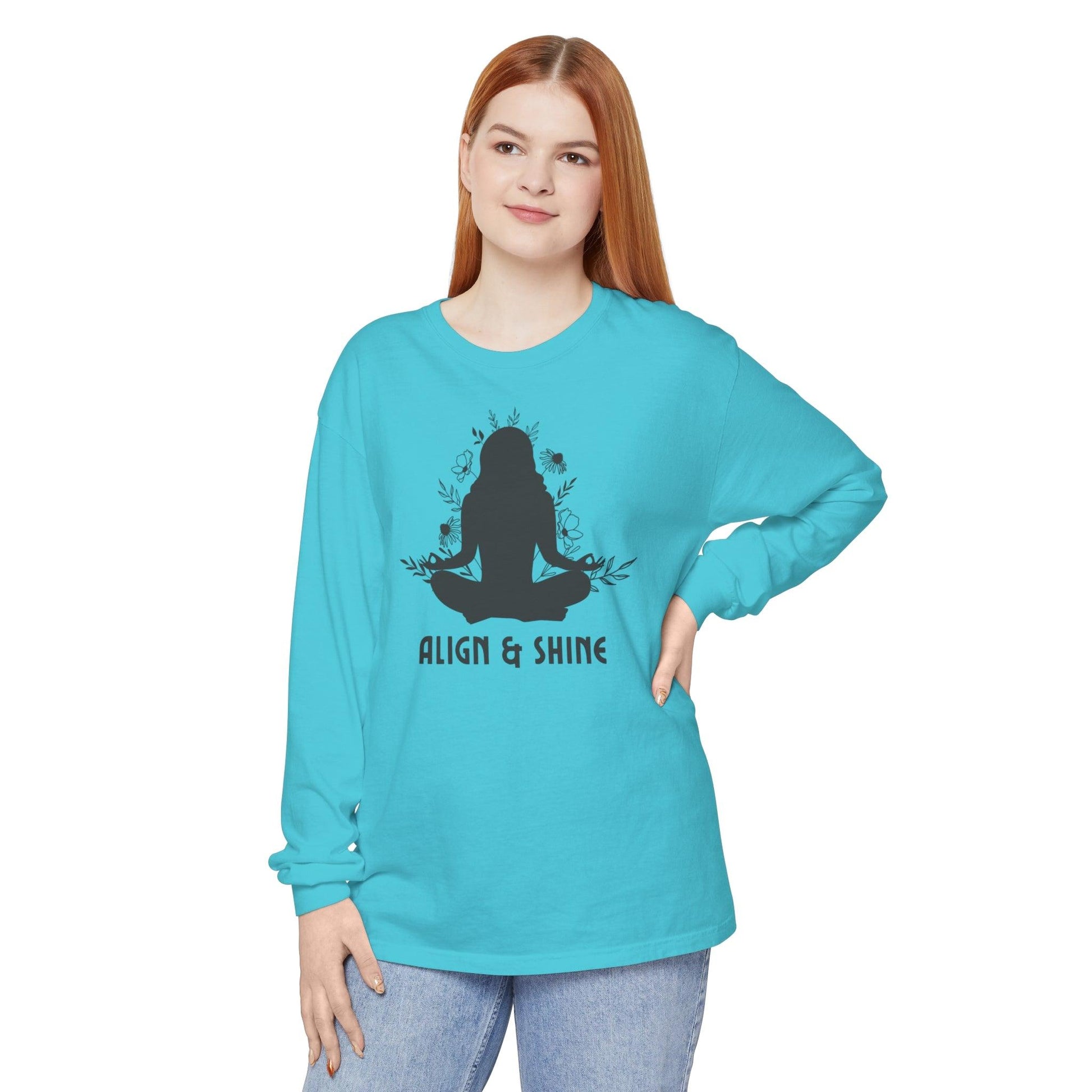 Comfort Colors Yoga Long Sleeve T-Shirt | Garment-Dyed Cotton with Floral Mindfulness Design - Joyful Moments Market