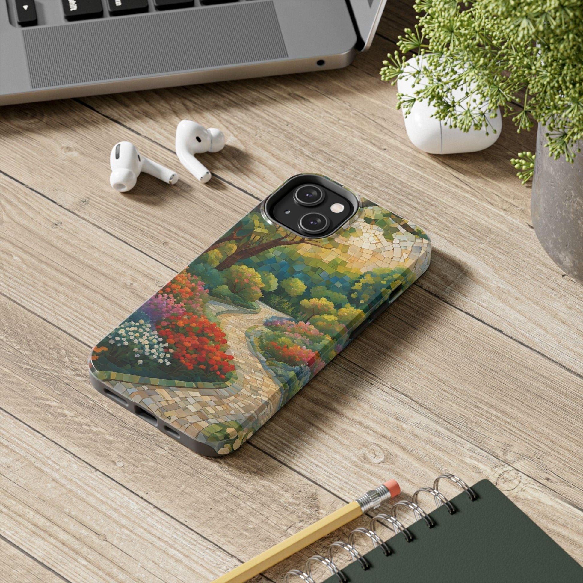 Mosaic Park Phone Case | Peaceful Path & Floral Design for iPhone & Samsung - Joyful Moments Market