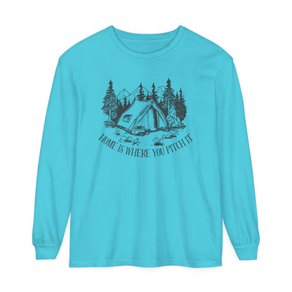 Comfort Colors Long Sleeve T-Shirt | Garment-Dyed Cotton with "Home is Where You Pitch It" Camping Graphic - Joyful Moments Market