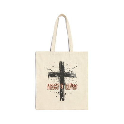 Messy and Loved Canvas Tote Bag with Cross Splatter Design Durable Cotton Faith Gift for Church Bible Study Everyday Use in Natural or Black - Joyful Moments Market