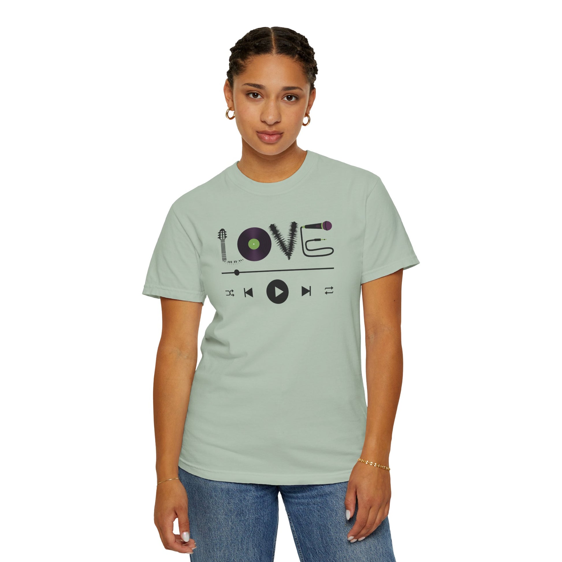 Music Lover T-Shirt | Creative "LOVE" Design for Musicians in Soft Garment-Dyed Cotton - Joyful Moments Market