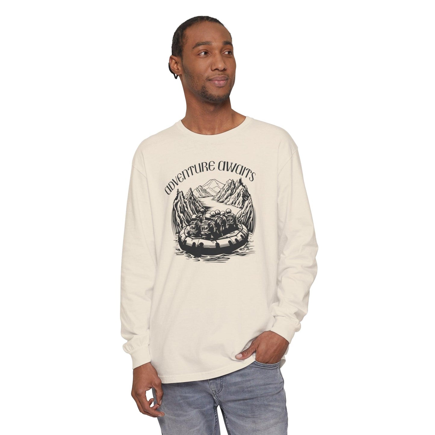 Comfort Colors Long Sleeve T-Shirt | Garment-Dyed Cotton with Bold White-Water Rafting Design - Joyful Moments Market