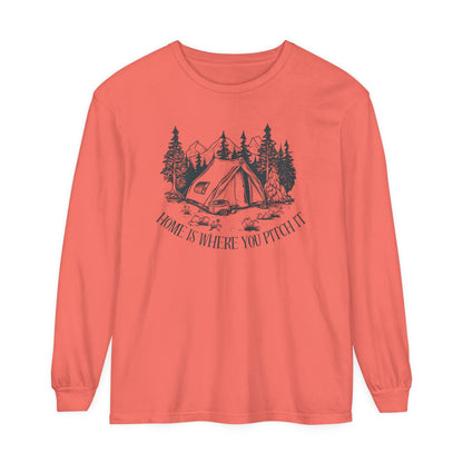 Comfort Colors Long Sleeve T-Shirt | Garment-Dyed Cotton with "Home is Where You Pitch It" Camping Graphic - Joyful Moments Market