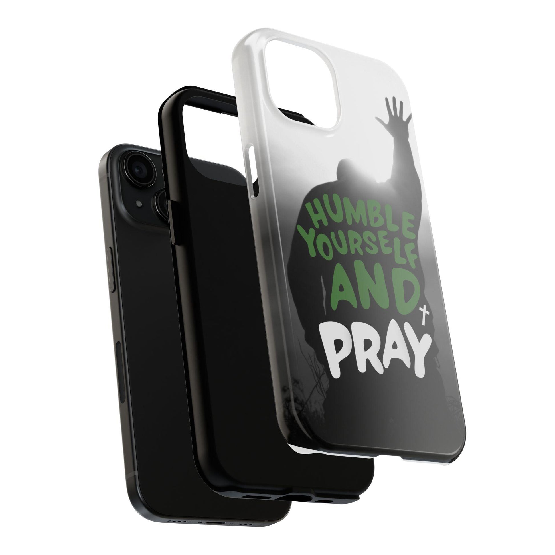 Praying Man Silhouette Phone Case - Black and White Background with Green Text - Humble Yourself and Pray - Joyful Moments Market