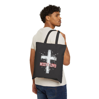 Messy and Loved Canvas Tote Bag with Cross Splatter Design Durable Cotton Faith Gift for Church Bible Study Everyday Use in Natural or Black - Joyful Moments Market