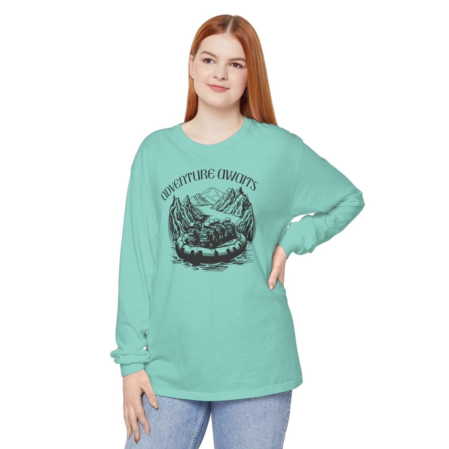 Comfort Colors Long Sleeve T-Shirt | Garment-Dyed Cotton with Bold White-Water Rafting Design - Joyful Moments Market