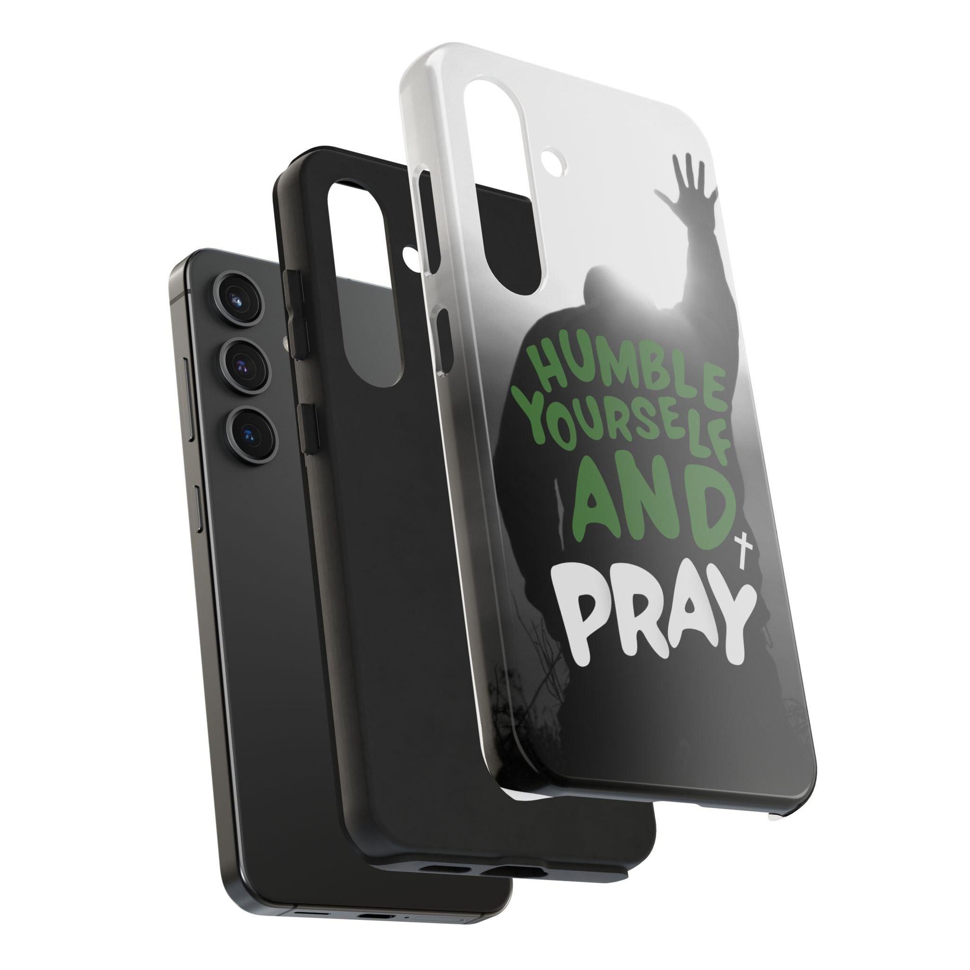 Praying Man Silhouette Phone Case - Black and White Background with Green Text - Humble Yourself and Pray - Joyful Moments Market