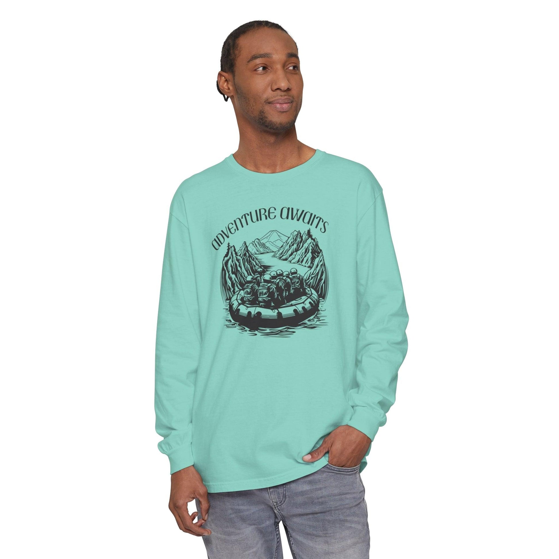 Comfort Colors Long Sleeve T-Shirt | Garment-Dyed Cotton with Bold White-Water Rafting Design - Joyful Moments Market