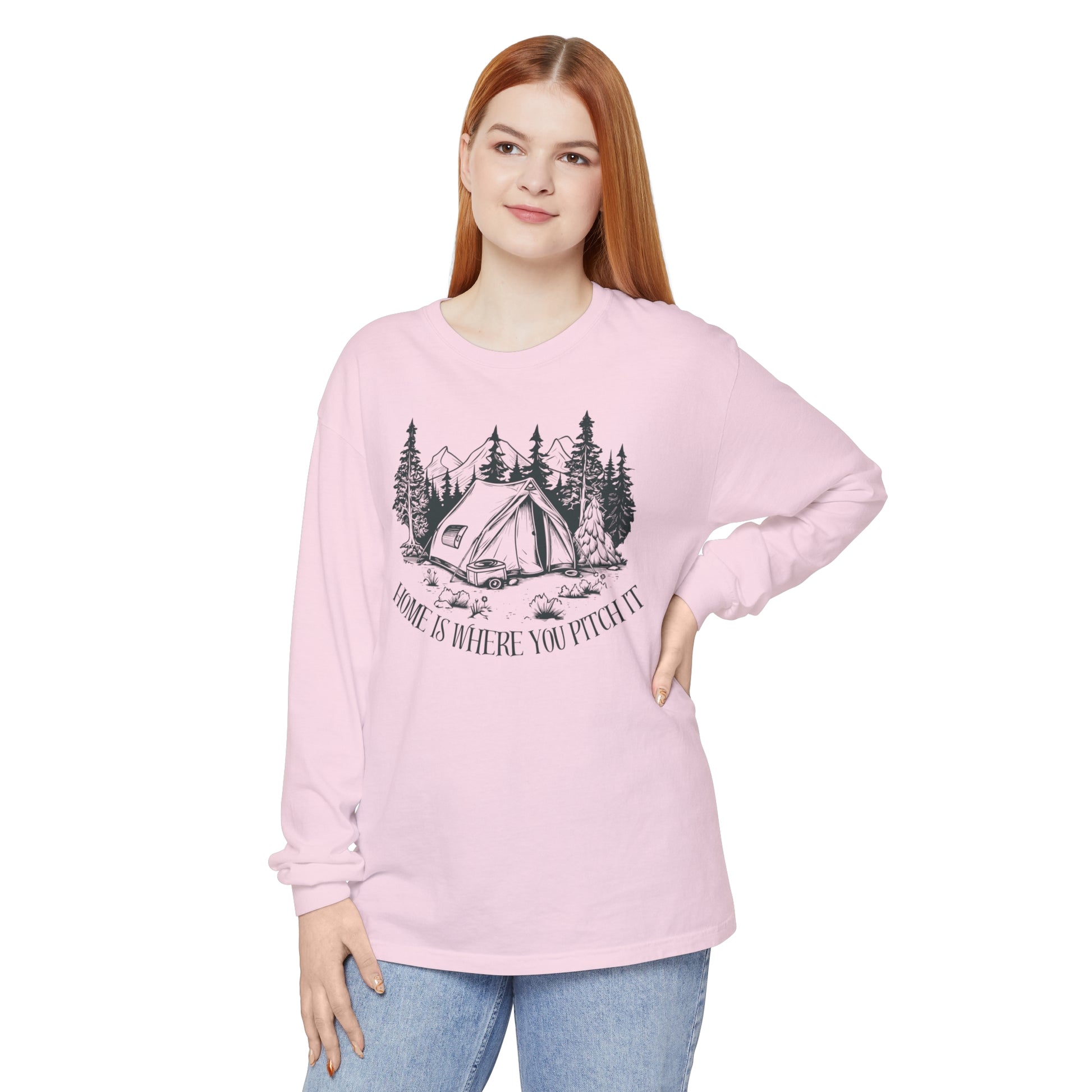 Comfort Colors Long Sleeve T-Shirt | Garment-Dyed Cotton with "Home is Where You Pitch It" Camping Graphic - Joyful Moments Market