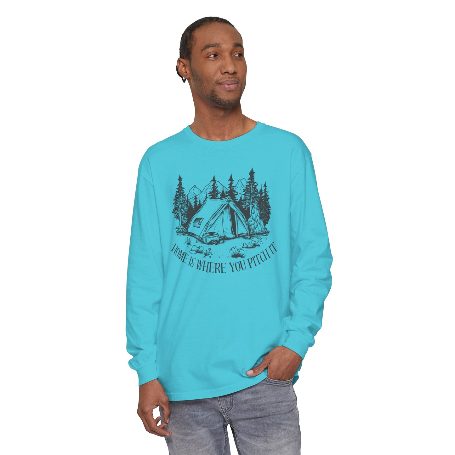 Comfort Colors Long Sleeve T-Shirt | Garment-Dyed Cotton with "Home is Where You Pitch It" Camping Graphic - Joyful Moments Market