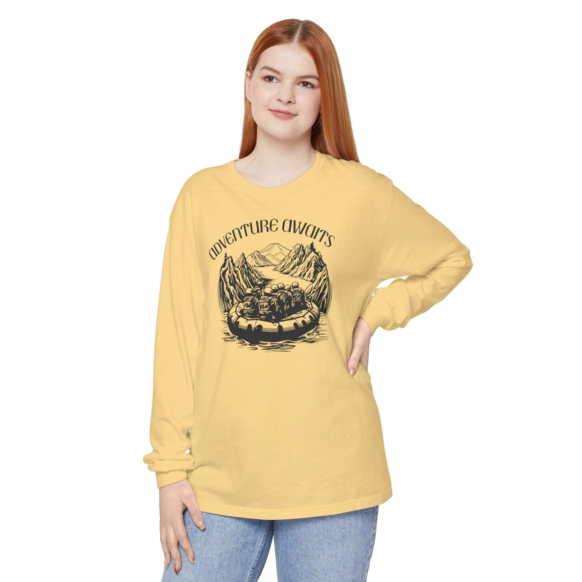 Comfort Colors Long Sleeve T-Shirt | Garment-Dyed Cotton with Bold White-Water Rafting Design - Joyful Moments Market