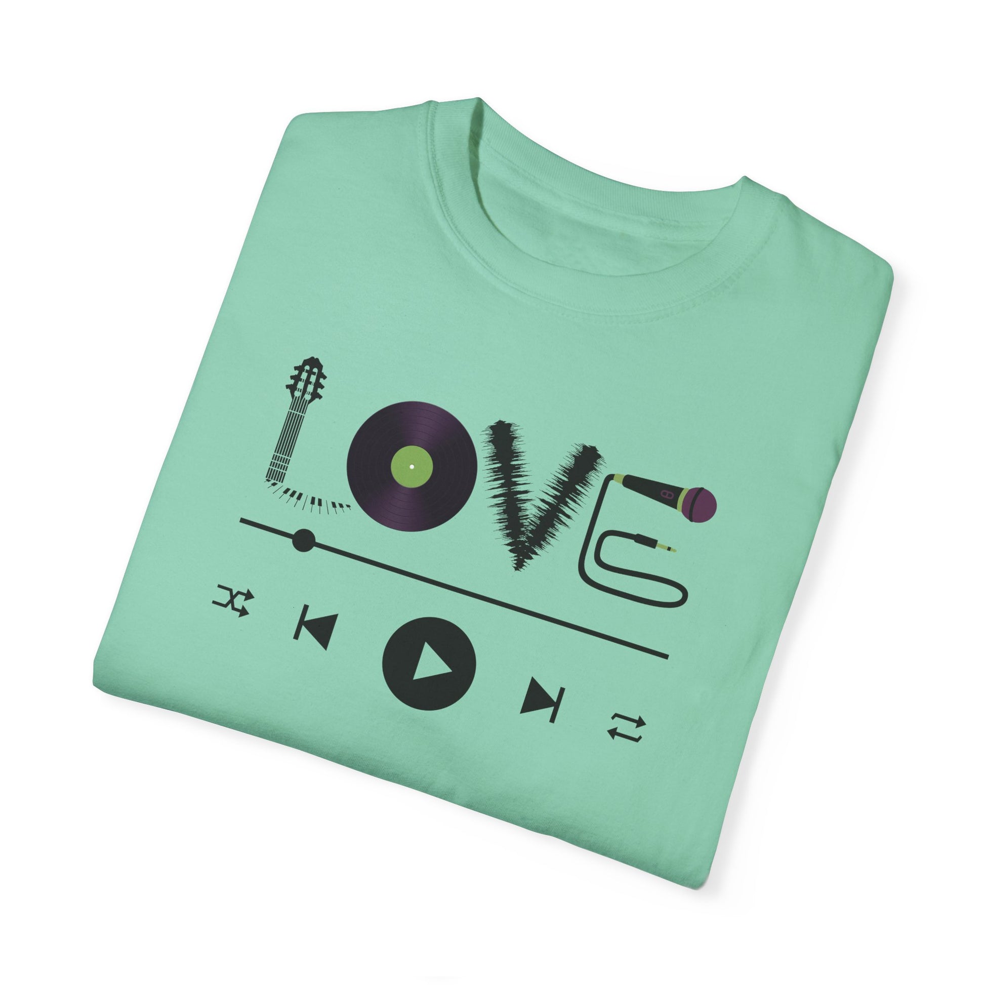 Music Lover T-Shirt | Creative "LOVE" Design for Musicians in Soft Garment-Dyed Cotton - Joyful Moments Market