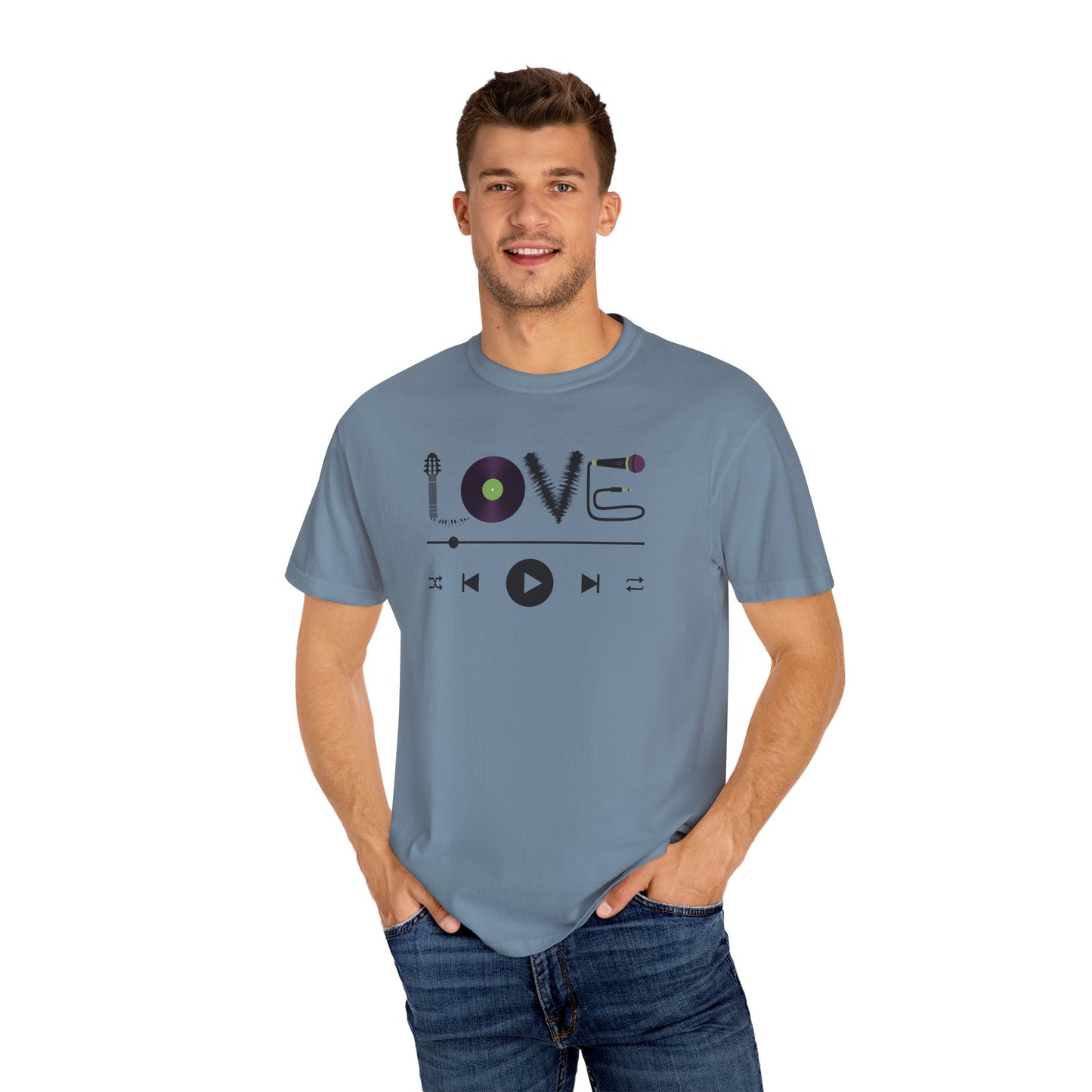 Music Lover T-Shirt | Creative "LOVE" Design for Musicians in Soft Garment-Dyed Cotton - Joyful Moments Market