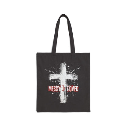 Messy and Loved Canvas Tote Bag with Cross Splatter Design Durable Cotton Faith Gift for Church Bible Study Everyday Use in Natural or Black - Joyful Moments Market