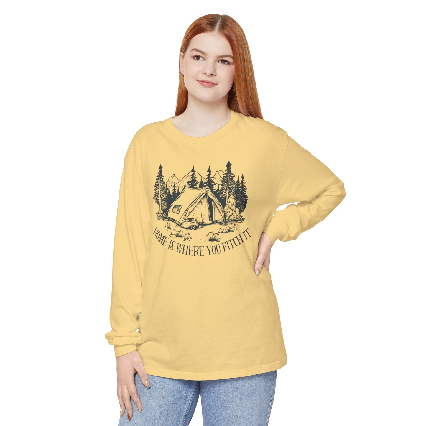 Comfort Colors Long Sleeve T-Shirt | Garment-Dyed Cotton with "Home is Where You Pitch It" Camping Graphic - Joyful Moments Market