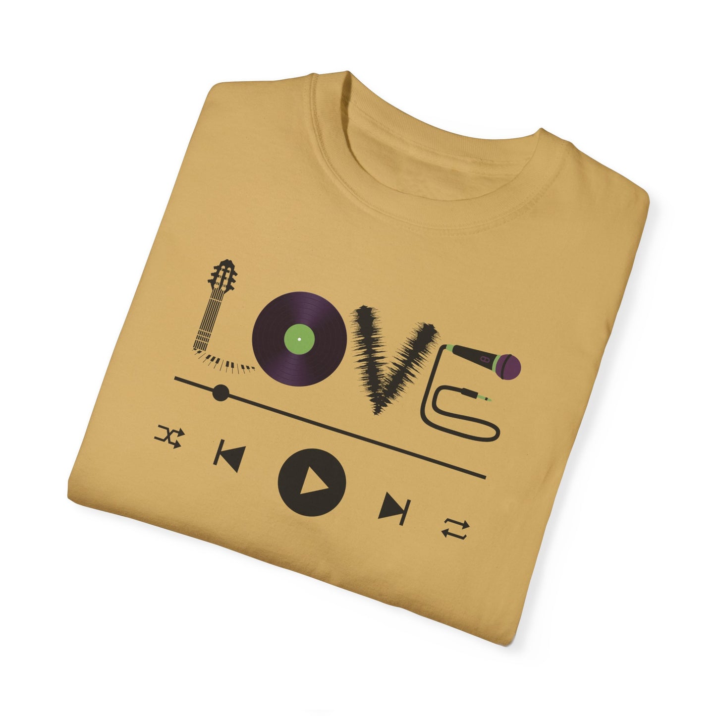 Music Lover T-Shirt | Creative "LOVE" Design for Musicians in Soft Garment-Dyed Cotton - Joyful Moments Market