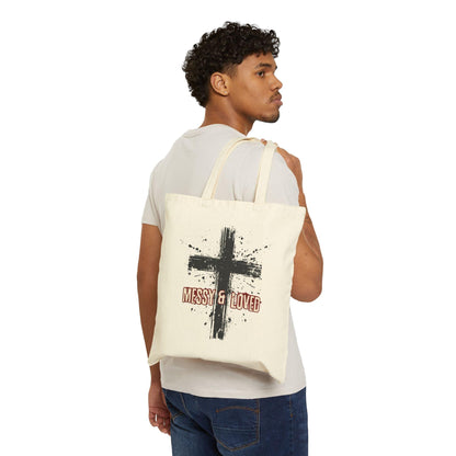 Messy and Loved Canvas Tote Bag with Cross Splatter Design Durable Cotton Faith Gift for Church Bible Study Everyday Use in Natural or Black - Joyful Moments Market